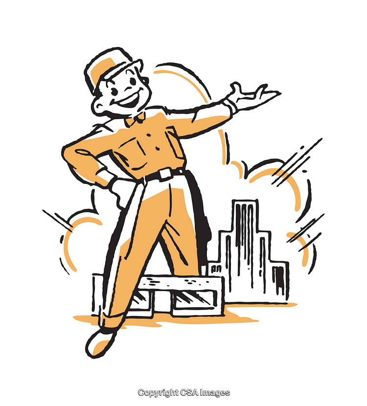 Colorful Cartoon Worker Standing Proudly in Front of a City Skyline