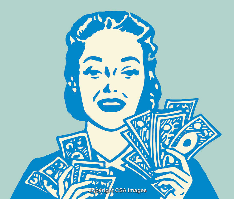Retro Pop Art Illustration of Woman Holding Money in Vibrant Blue and Beige