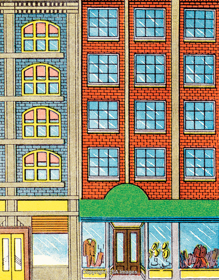 Illustrated Urban Shopfront with Colorful Architecture and Display Windows