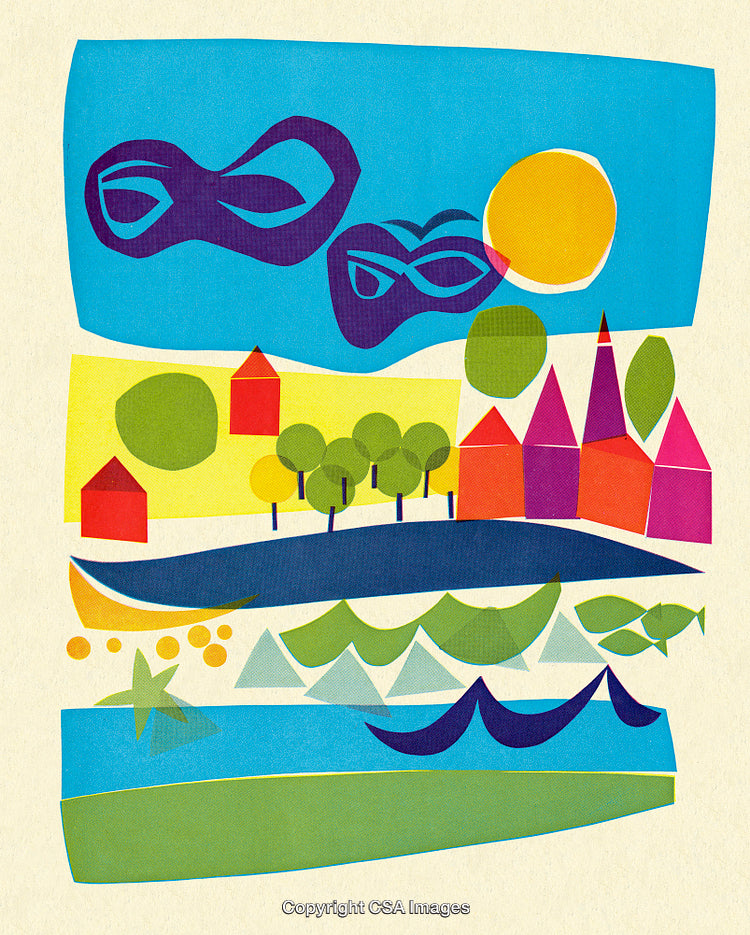 Colorful Abstract Collage Depicting Nature and Geometric Elements in Graphic Art