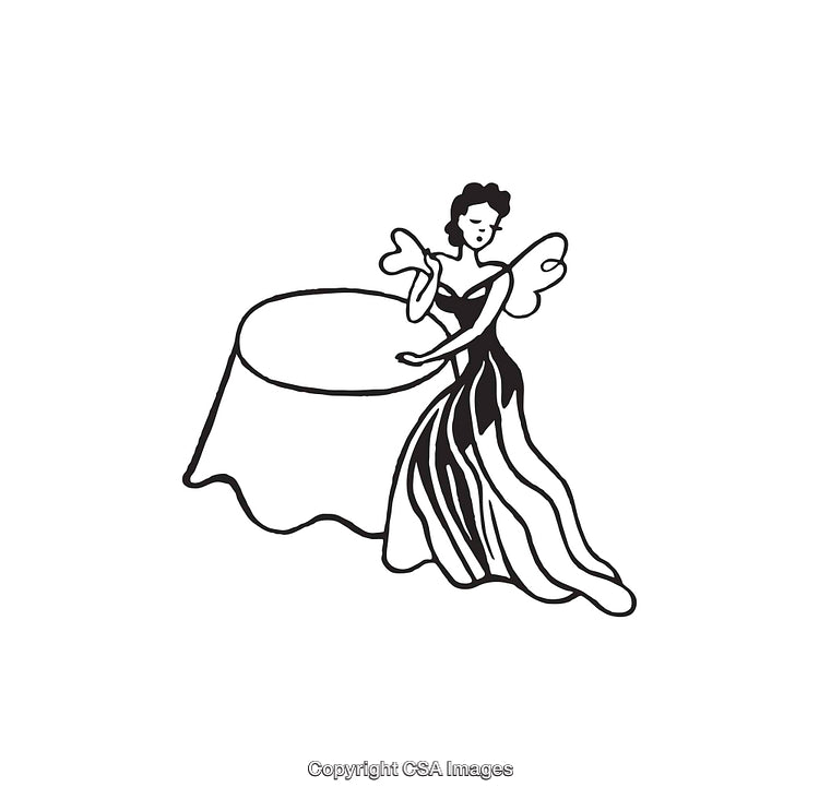 Line Art Illustration Featuring a Woman with Dress Beside a Table