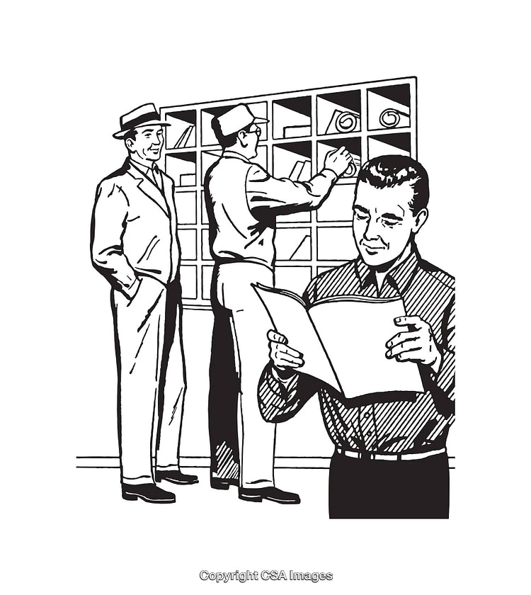 Vintage Illustration of Men in a Workplace Setting with Shelves in Background
