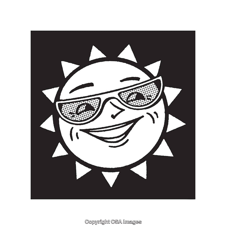 Smiling Sun Wearing Sunglasses in Black and White Line Art Illustration
