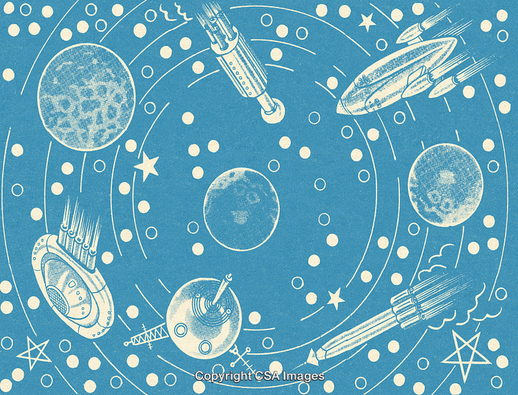 Retro Space Exploration Illustration with Planets, Stars, and Rocketships