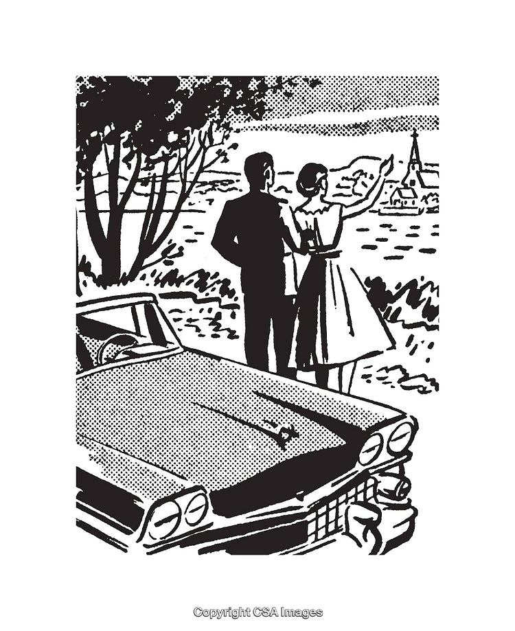 Retro Black and White Illustration of Couple by a Scenic Landscape
