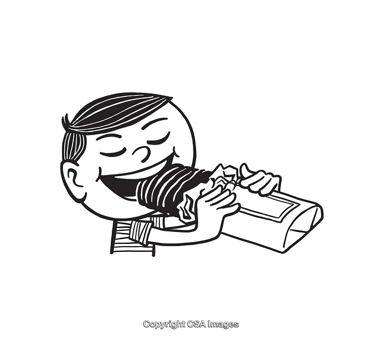 Black and White Illustration of Boy Enjoying Chocolate Treat
