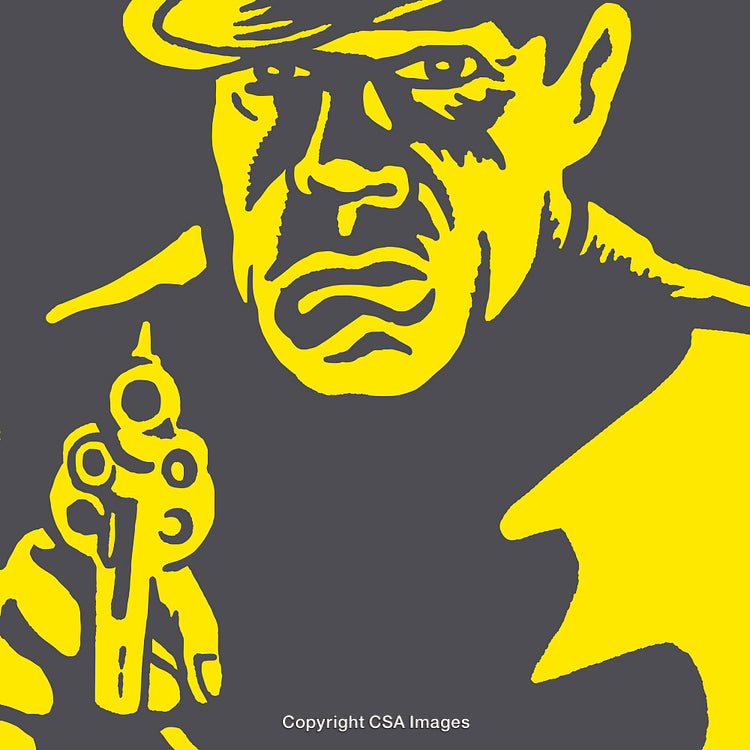 Bold Yellow And Gray Line Art Of A Man With A Revolver
