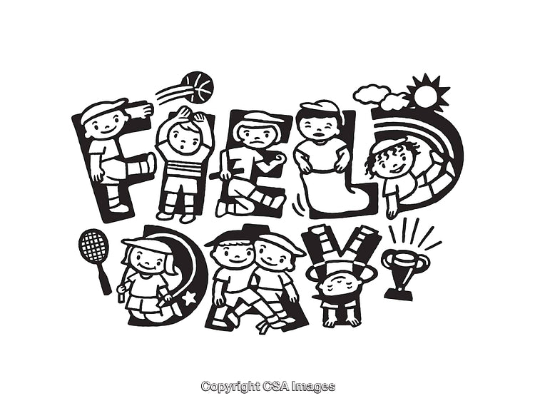 Black and White Line Art Illustration of Kids Engaging in Sports and Activities
