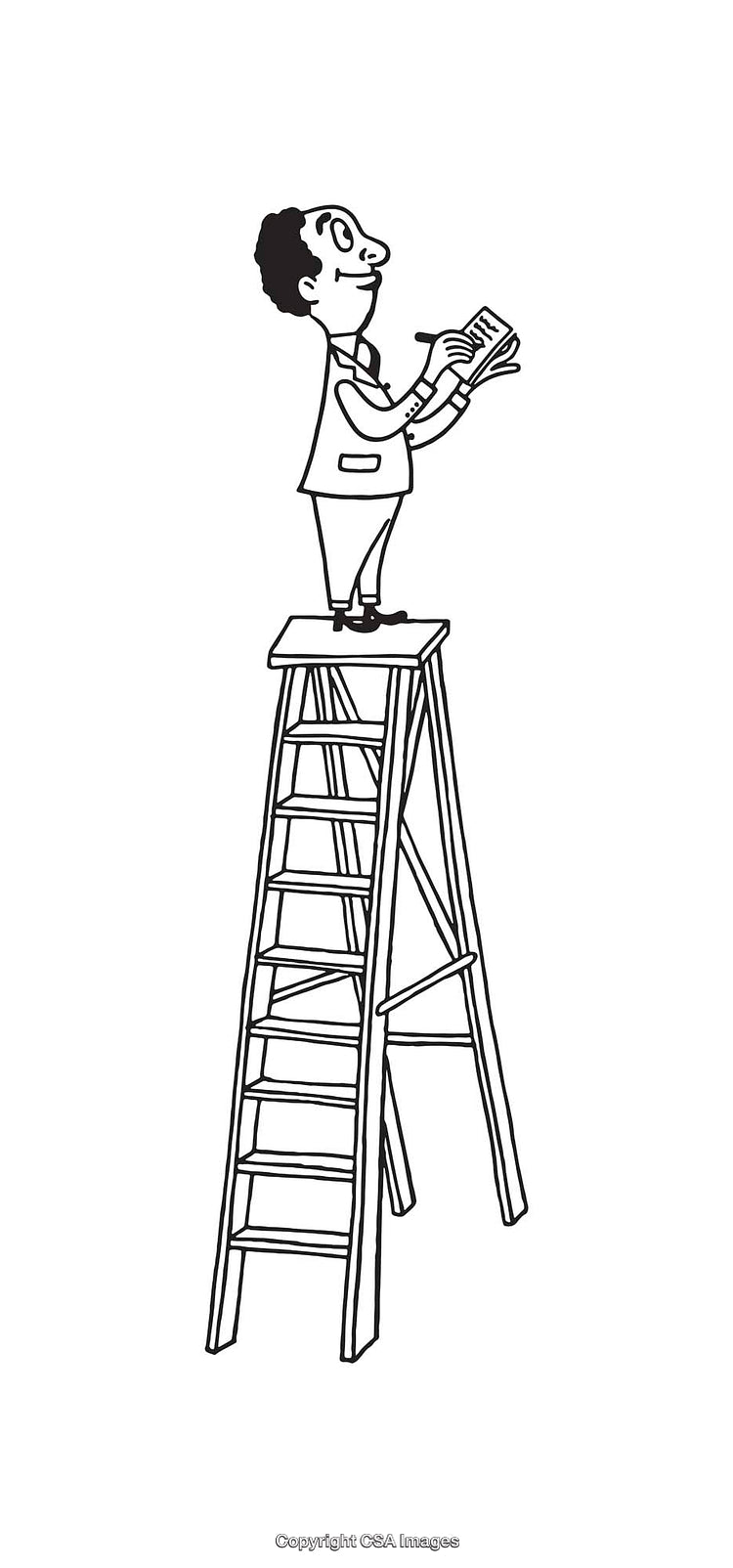 Businessman Holding Notebook While Balancing on Tall Stepladder Line Art