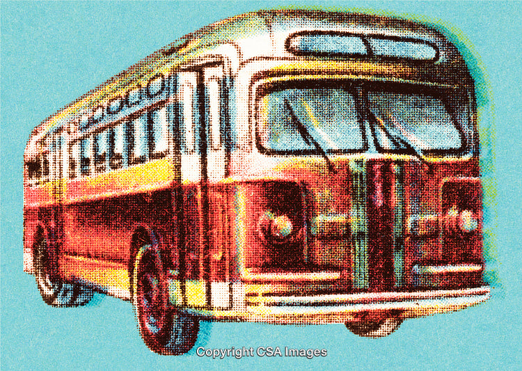 Retro Styled Illustration of a Vintage Bus on Blue Background