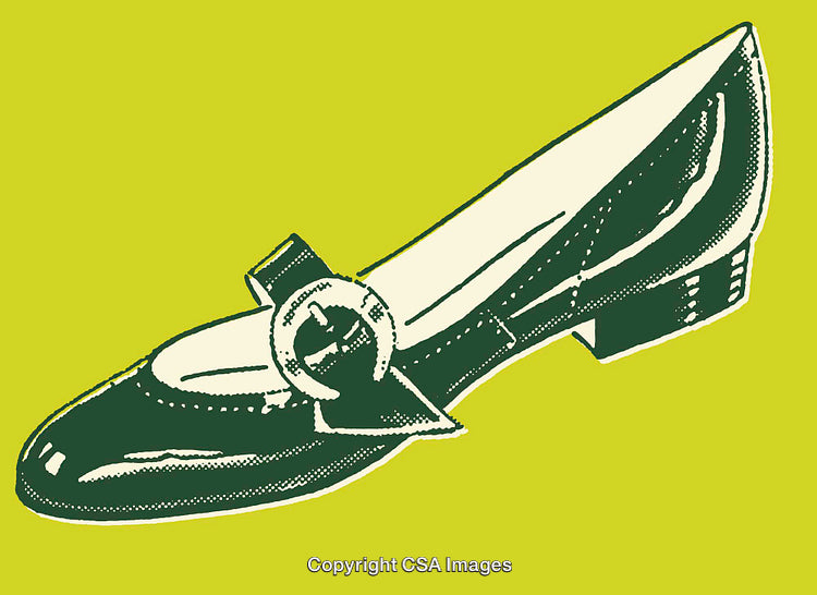 Retro Style Line Art Illustration of a Buckle Shoe on Green Background