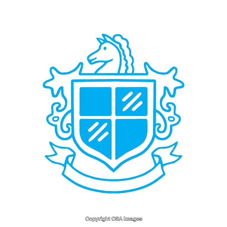 Blue Crest Logo Featuring Horse and Shield with Ribbon Design
