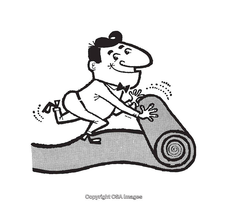 Retro Style Cartoon Man Rolling Up a Rug in Black and White Artwork