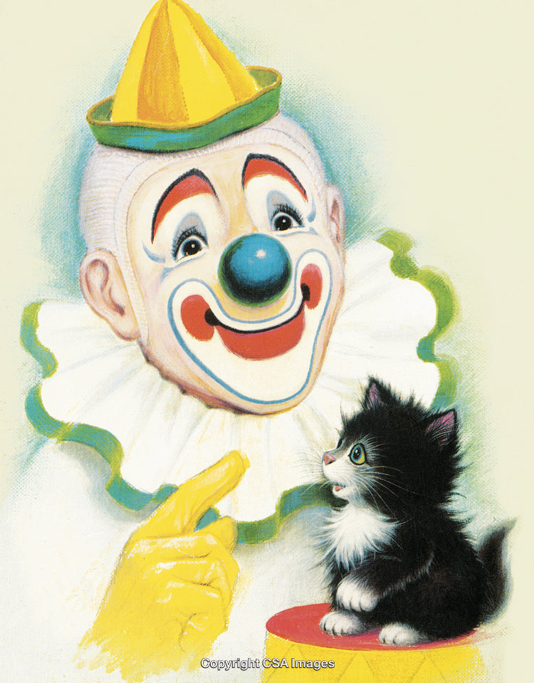 Adorable Kitten Interacting with Playful Clown in Colorful Costume