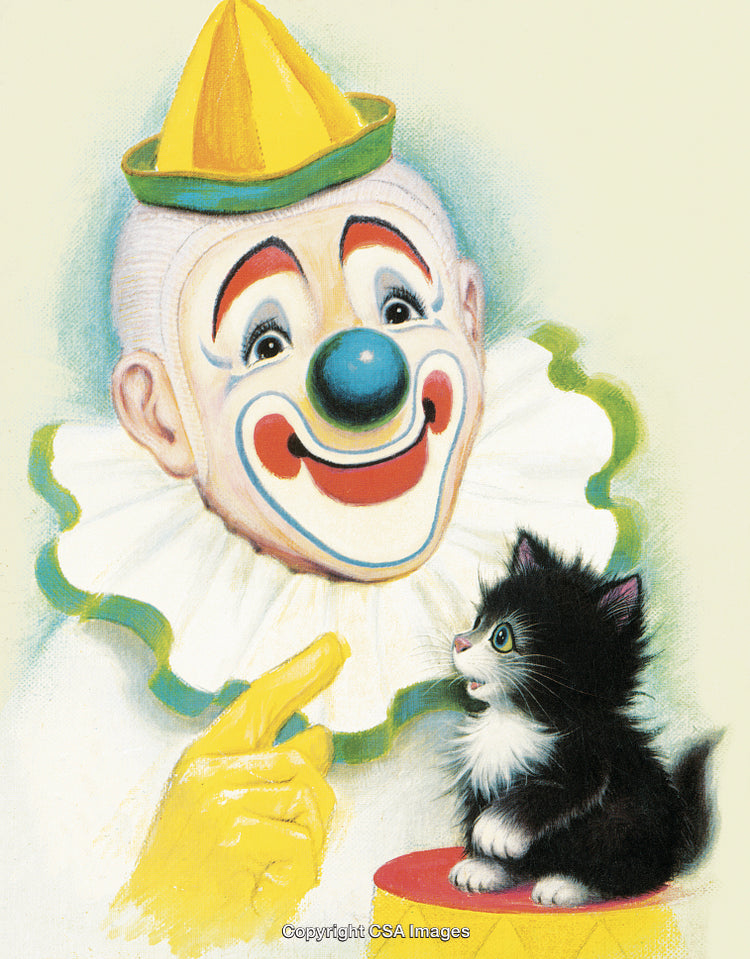 Adorable Kitten Interacting with Playful Clown in Colorful Costume