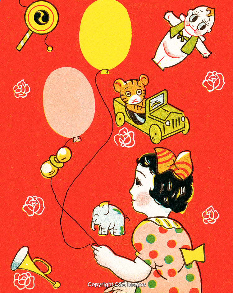 Colorful Illustration of Girl with Toys and Balloons on Red Background