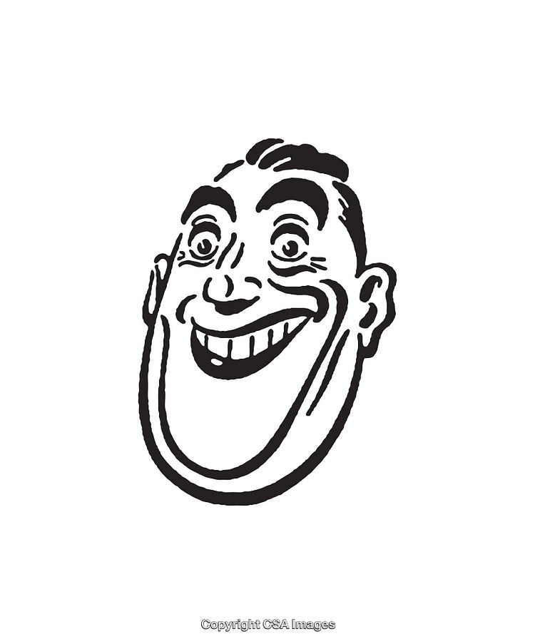 Vintage Black Ink Drawing of Smiling Cartoon Face with Exaggerated Features