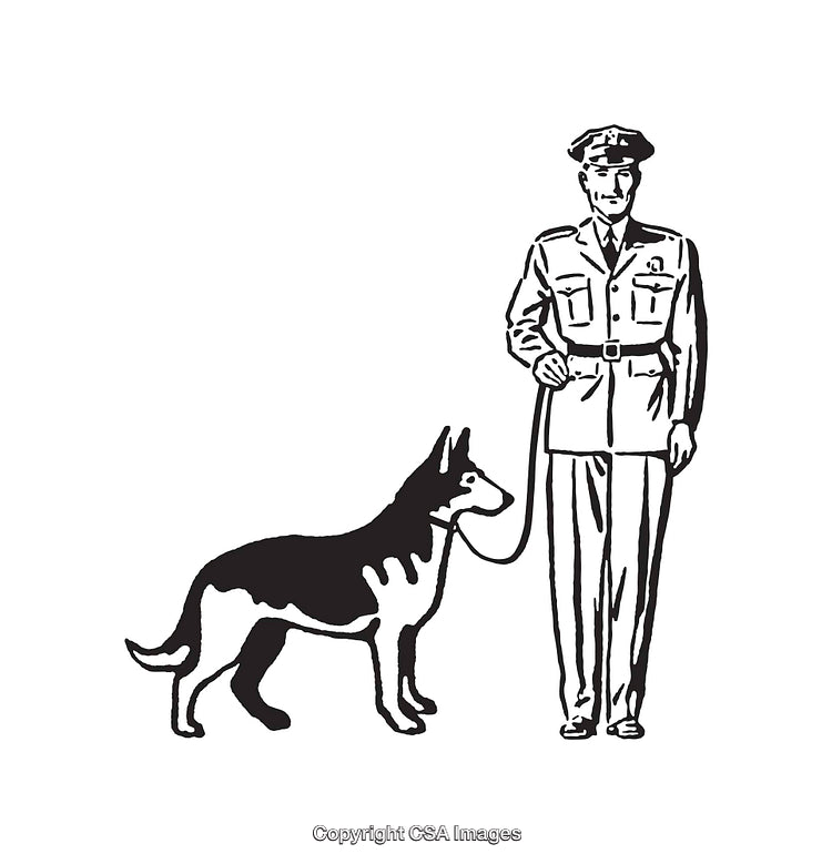 Police Officer and Dog in Black and White Line Art