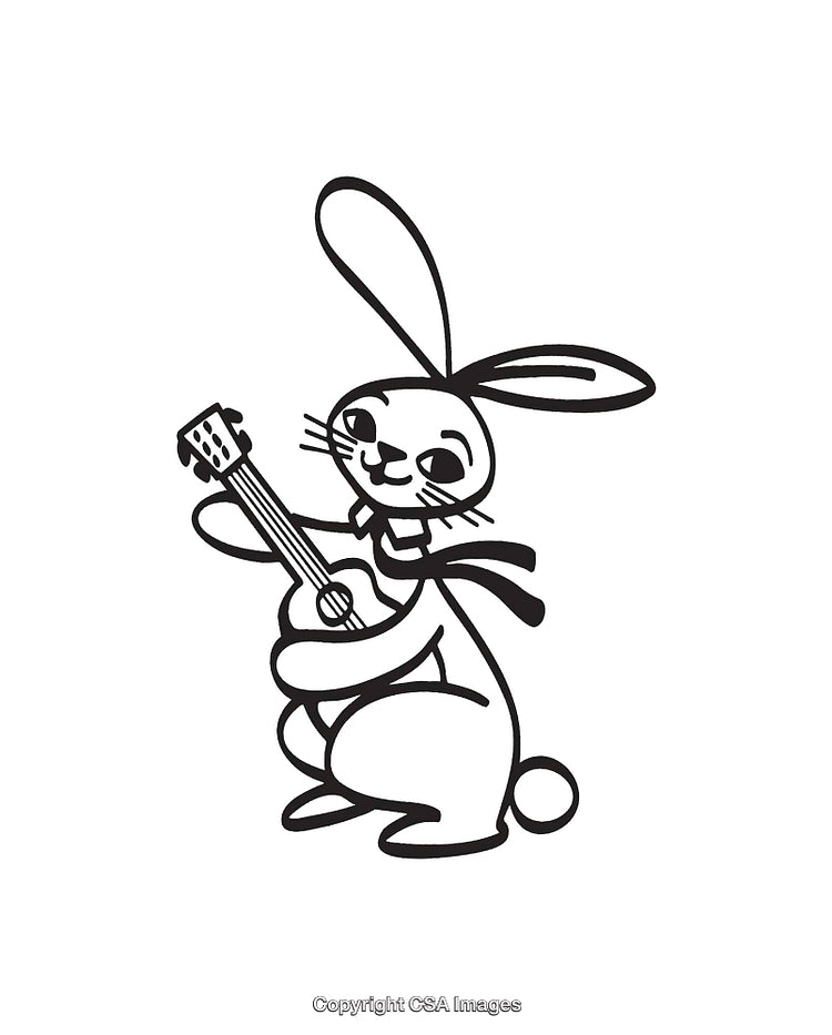 Illustration of a Rabbit Playing Guitar in Black and White Line Art