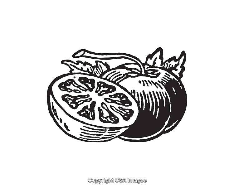 Detailed Black and White Illustration of Citrus and Apple