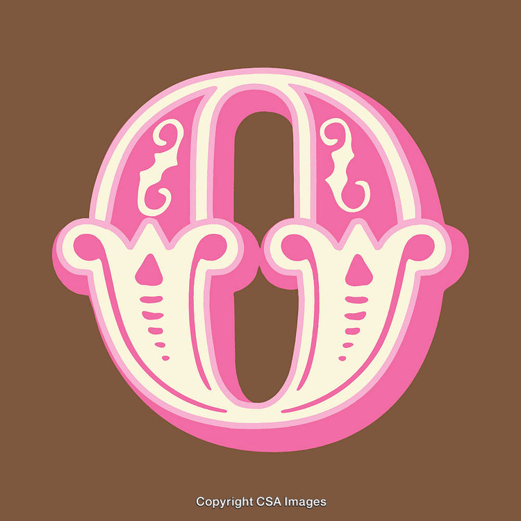 Ornate Pink Letter O with Decorative Elements on Brown Background