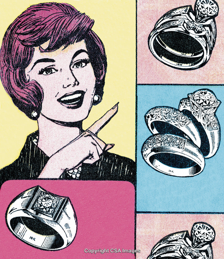 Pop Art Style Illustration of Jewelry Displays and Fashionable Woman