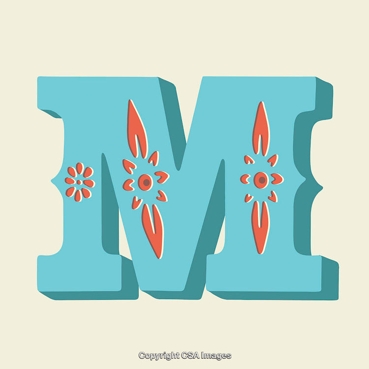 Stylized Floral Ornamented Blue Letter M Design on Cream Background