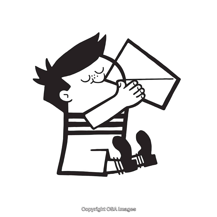 Black and White Illustration of Child Blowing a Horn