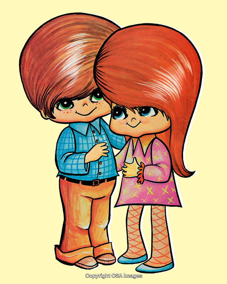 Cute Cartoon Couple with Retro Style and Big Expressive Eyes on Yellow