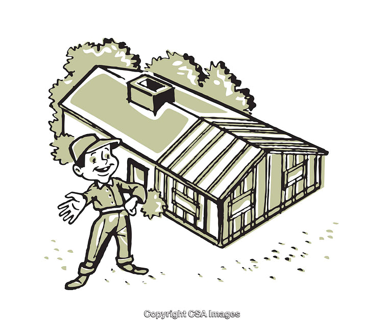 Colorful Cartoon Illustration of Smiling Worker Standing in Front of a House