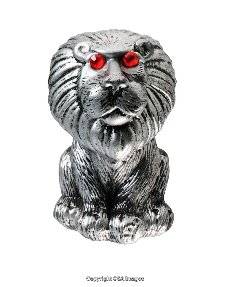 Silver Lion Figurine with Red Eyes on White Background