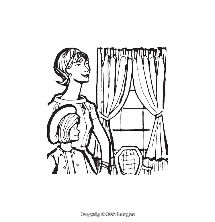 Vintage Line Art of Mother and Daughter in Domestic Scene
