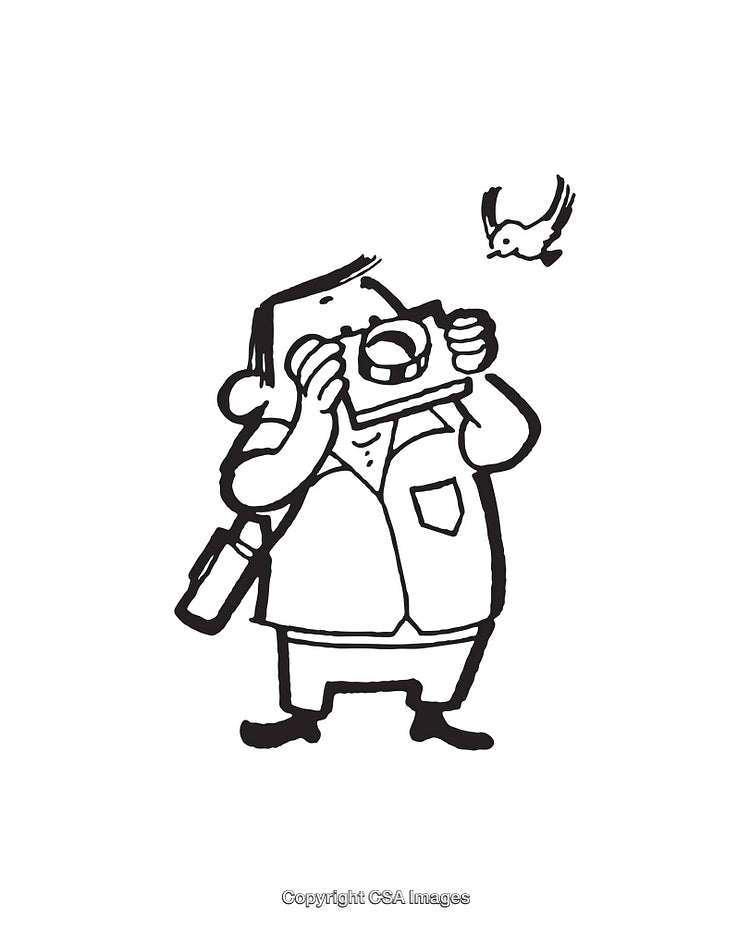 Cartoon Photographer Capturing a Flying Bird in Black and White Style