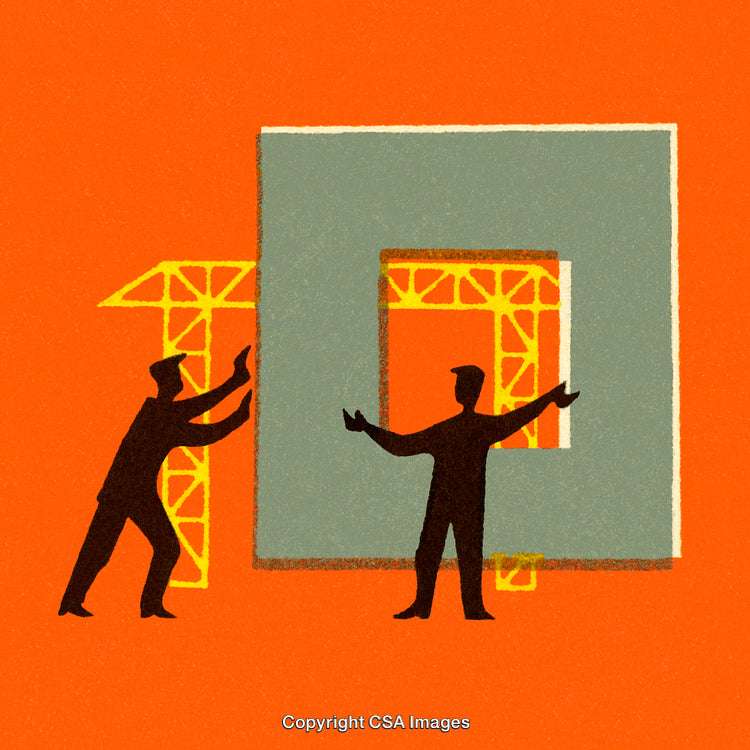 Illustration of Teamwork in Construction with Symbolic Geometric Shapes and Textures