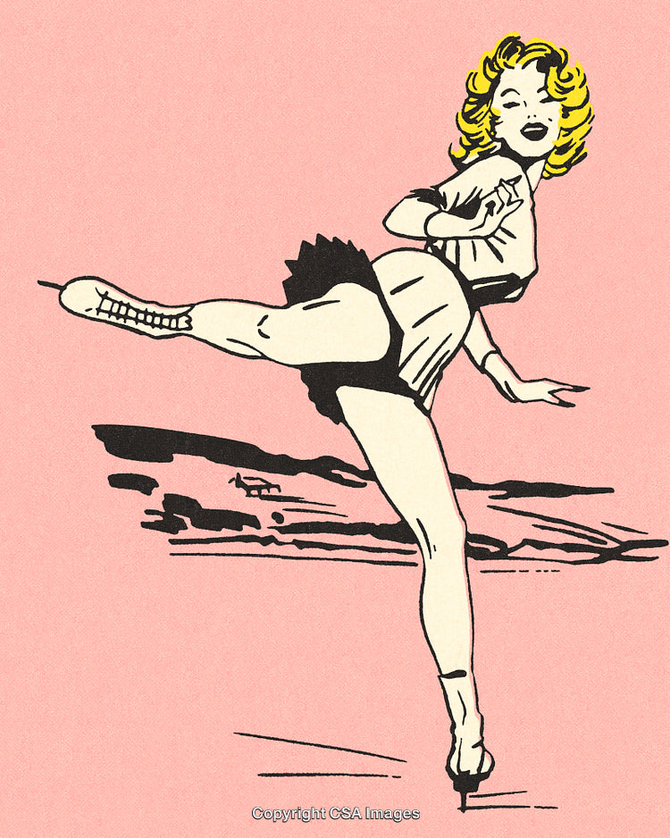 Retro Illustration of an Elegant Ice Skater on a Pink Background