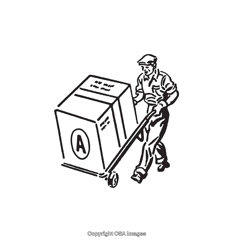 Vintage Line Art of Worker Pushing Hand Truck with Box