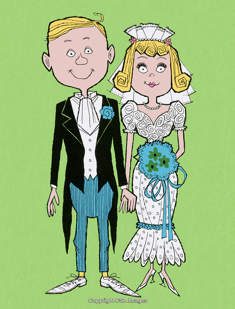 Cartoon Newlyweds in Formal Wedding Attire on Green Background