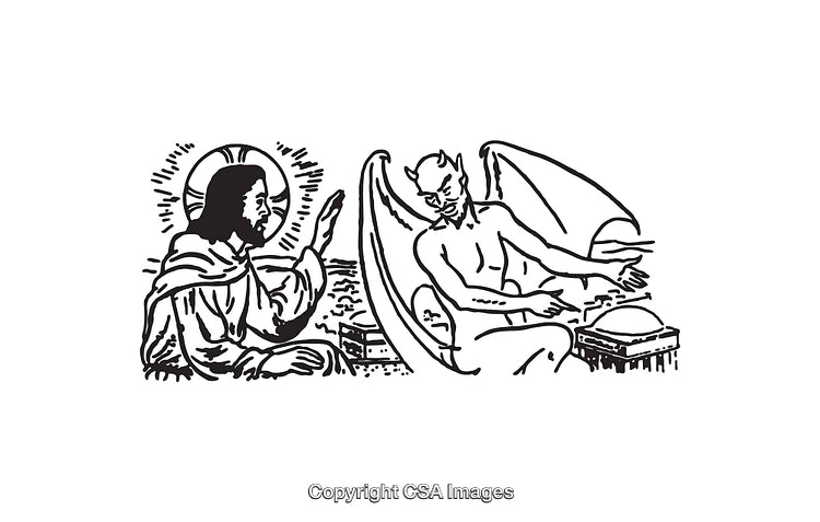 Religious Line Art Depicting a Divine Confrontation Scene in Black and White