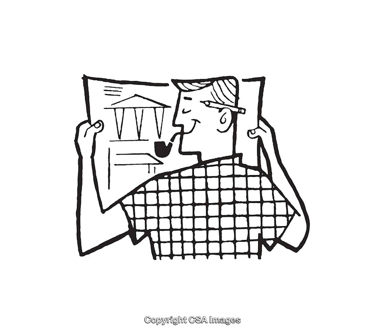 Black and White Illustration of a Man Reviewing Architectural Drawings