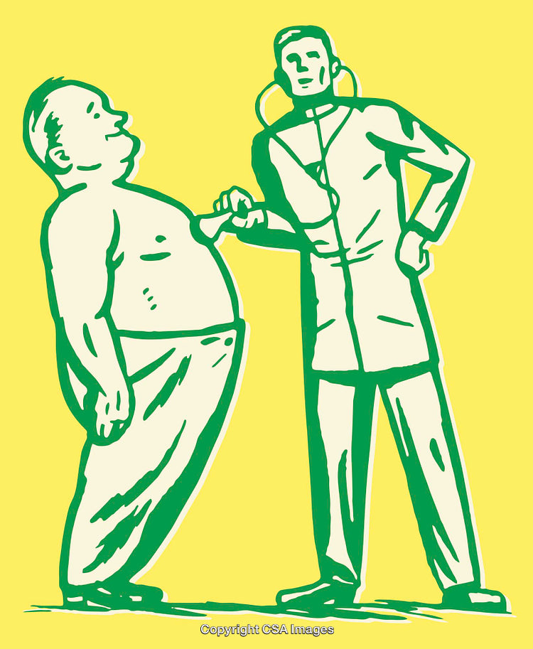 Cartoon Illustration of Overweight Patient with Doctor on Yellow Background
