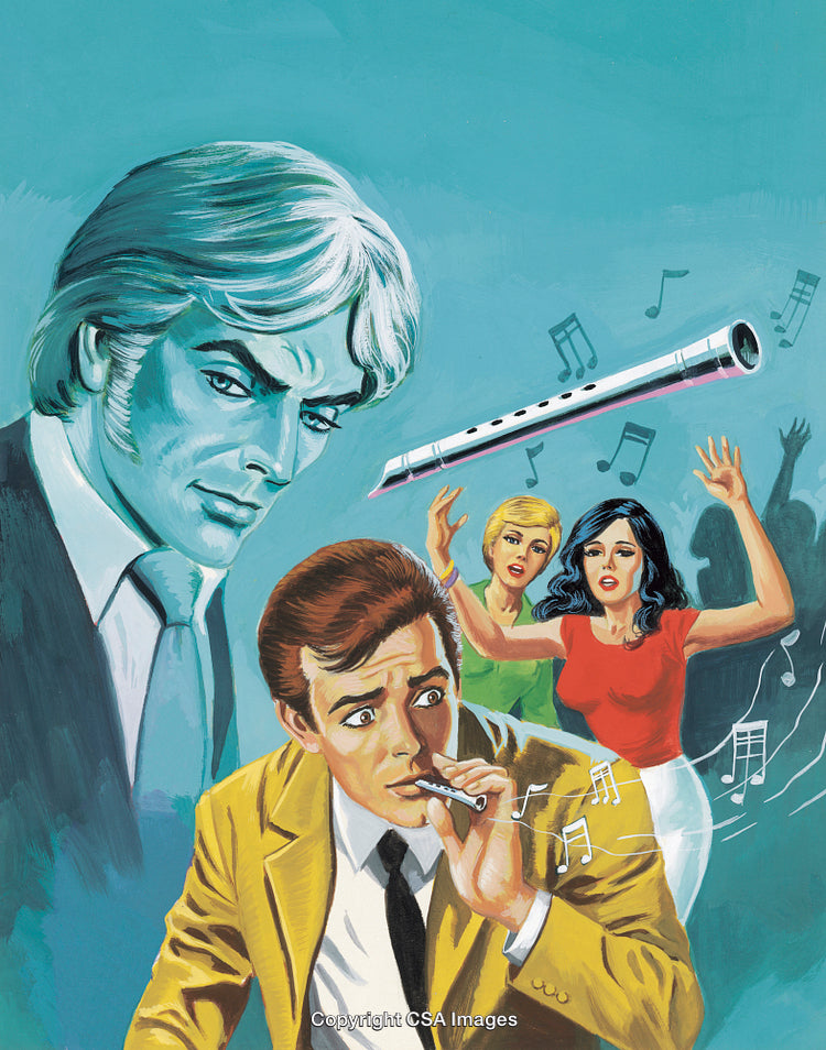 Retro Illustration of a Flute Player Capturing Emotional Reactions and Surreal Atmosphere