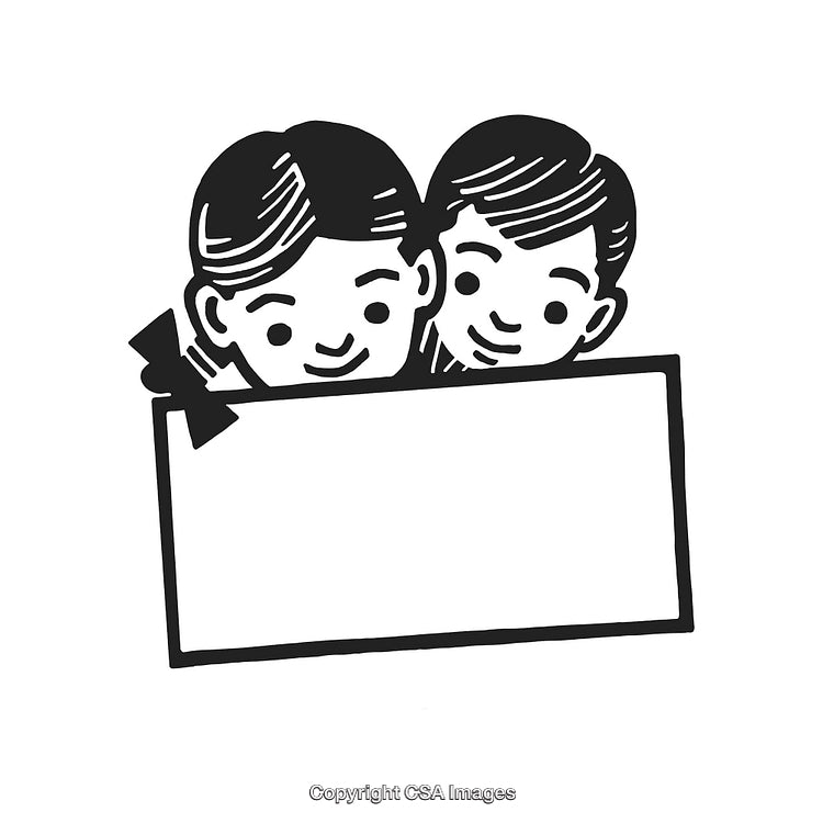 Retro Black and White Illustration of Two Smiling Characters Holding a Blank Sign