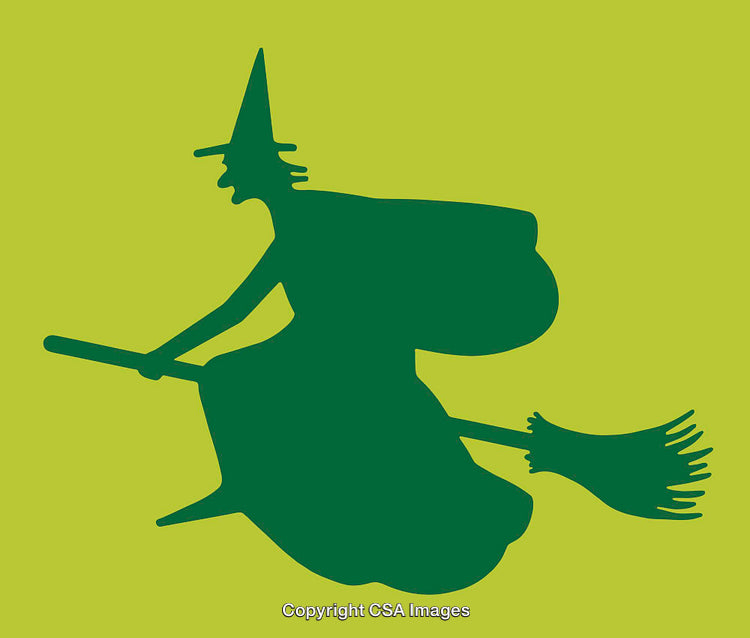 Silhouette of a Witch Flying on a Broomstick with Green Background