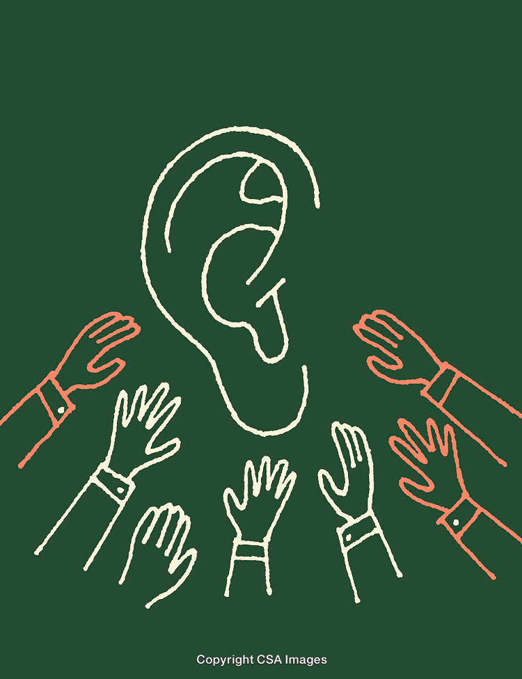 Illustration of Hands Reaching Towards an Ear on Green Background