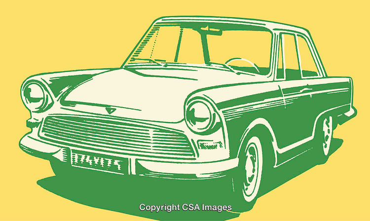 Retro Green Vintage Car with Yellow Background in Line Art Style