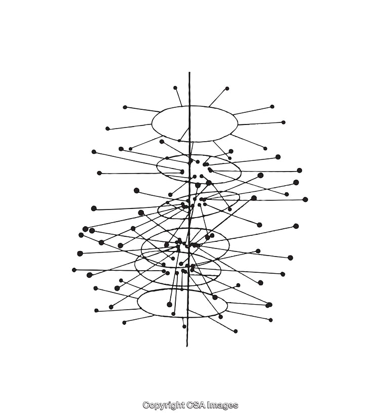 Black and White Abstract Diagram with Concentric Circles and Lines