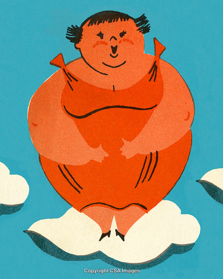 Colorful Illustration of Cheerful Cartoon Character Floating Among Clouds