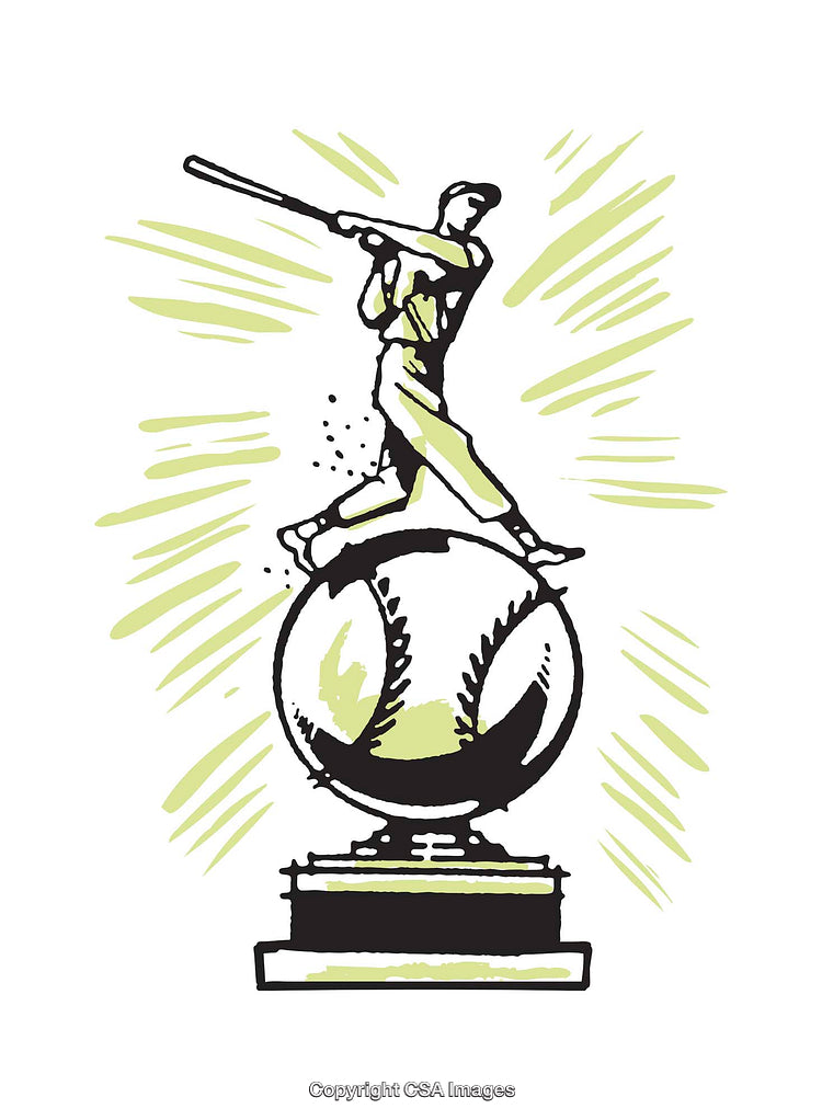 Illustration of a Baseball Player Hitting on Trophy Base with Green Accents