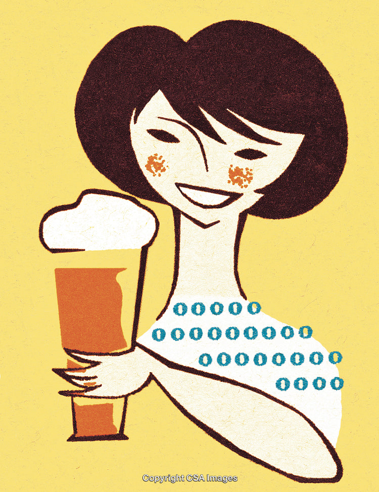 Smiling Cartoon Woman Holding a Beer on a Yellow Background