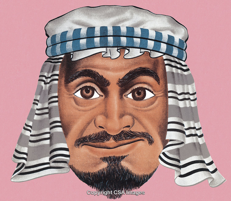Illustrated Portrait of a Man in Traditional Headscarf on Pink Background